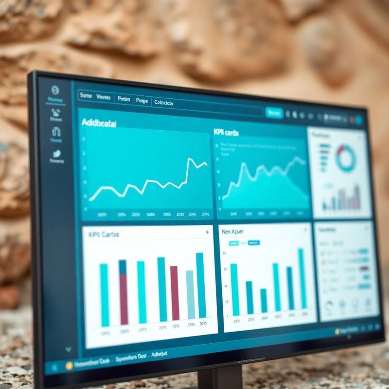 Detalj interaktivnog dashboarda s KPI karticama i grafovima u tirkiznoj shemi