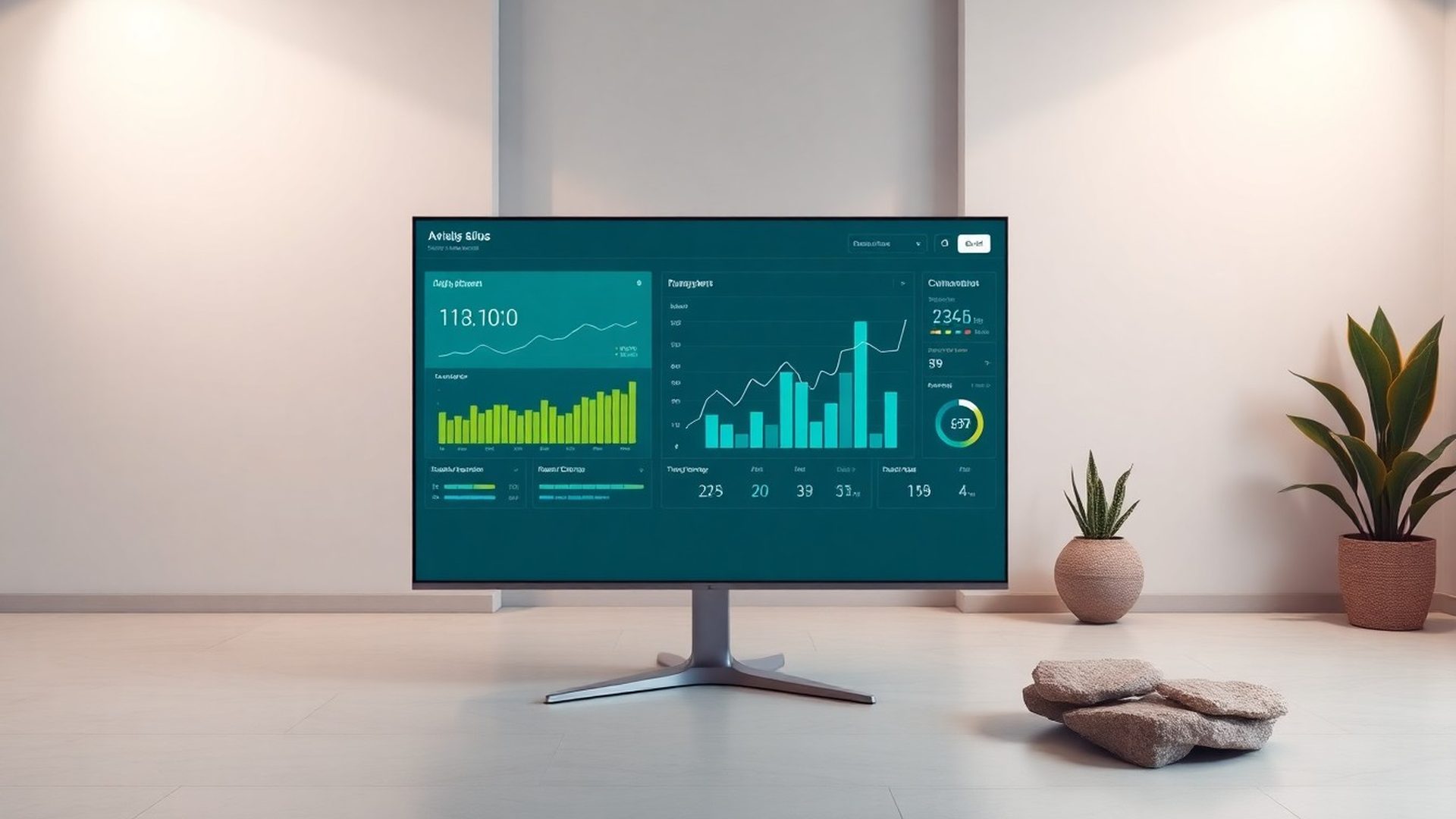 Prikaz interaktivnog analitičkog dashboarda s KPI karticama u tirkiznoj shemi